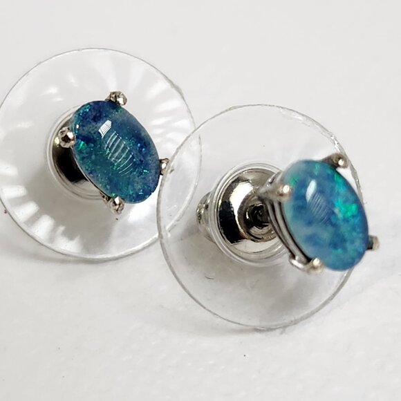 925 Sterling Silver Genuine Blue Fire Opal Earrings - Natural and Genuine Opal. - Picture 2 of 16